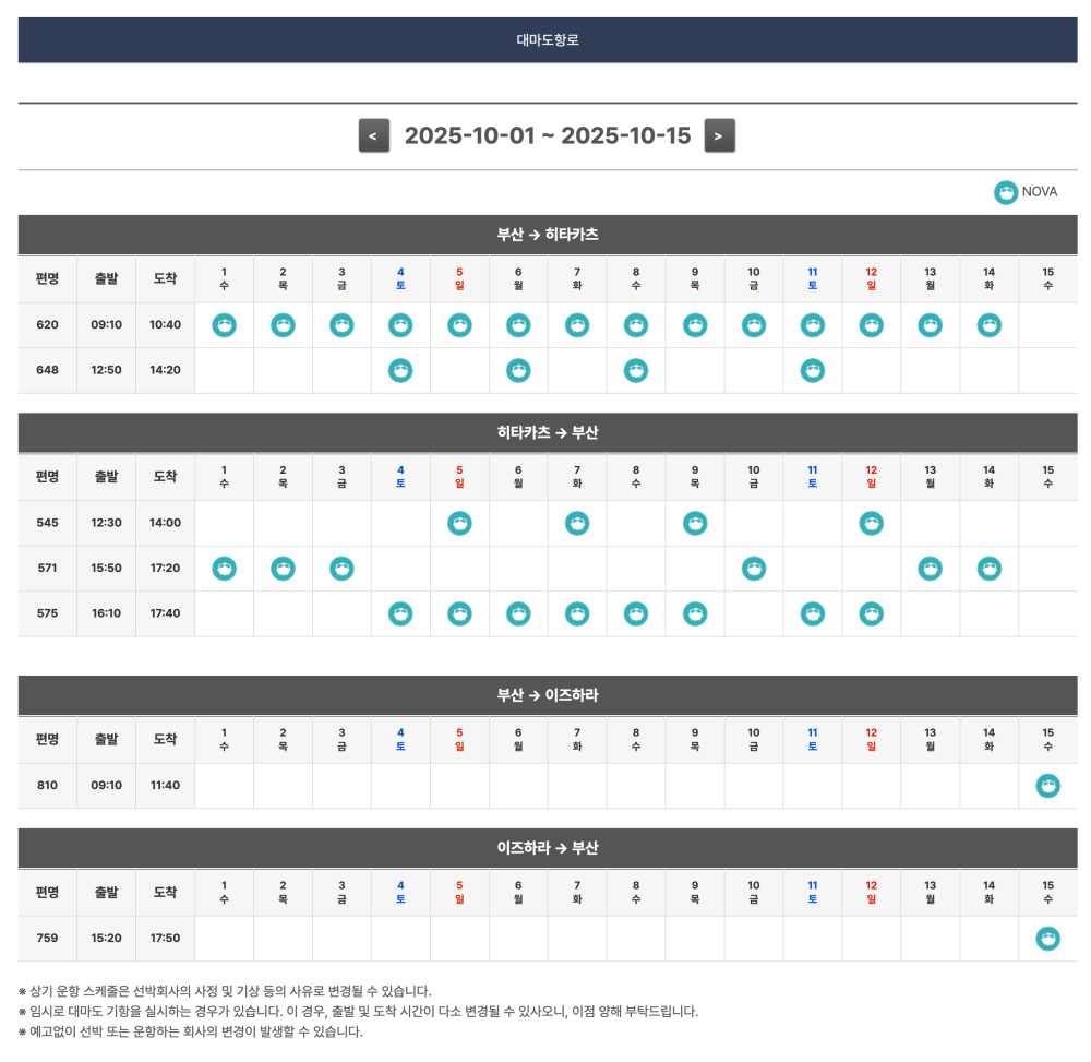 대마도 노바호 배편 시간표
