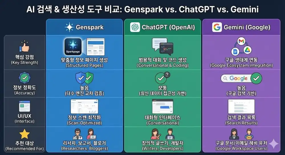 젠스파크 AI 툴 비교 제미나이 챗GPT