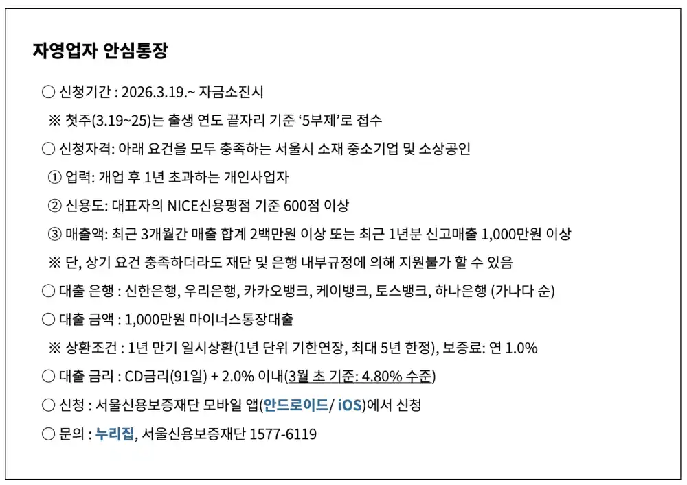 소상공인 안심통장 자격조건 및 신청 기간