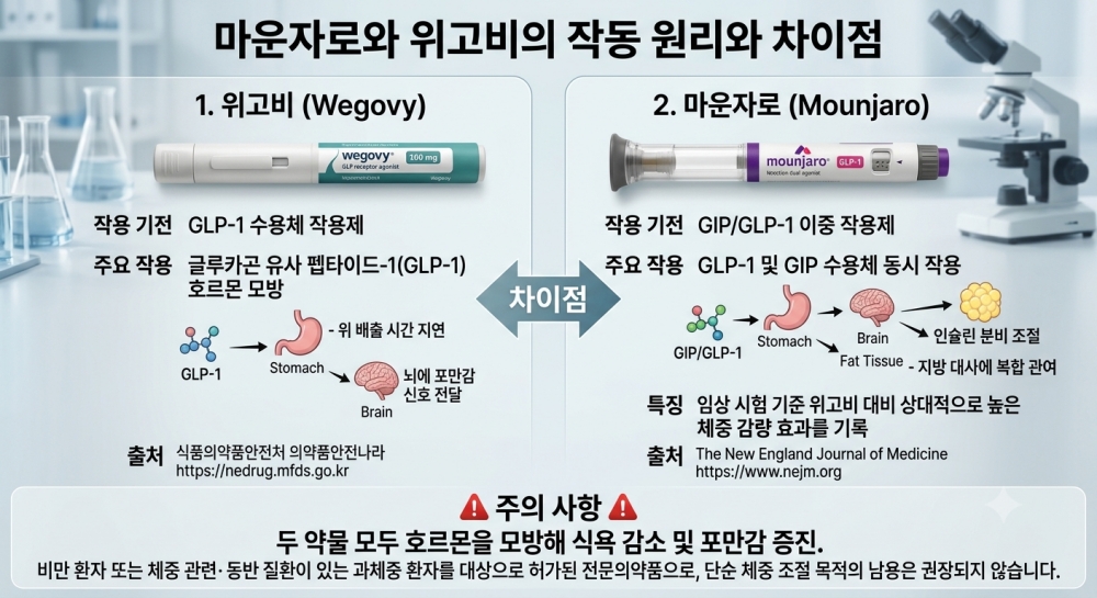 마운자로와 위고비의 작동 원리와 차이점