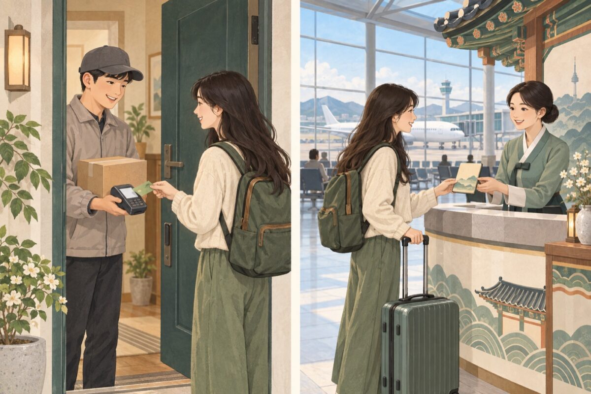 왼쪽은 집에서 택배를 받고 결제하는 모습, 오른쪽은 공항 홍보관에서 기념 수첩을 받는 모습의 두 패널 일러스트