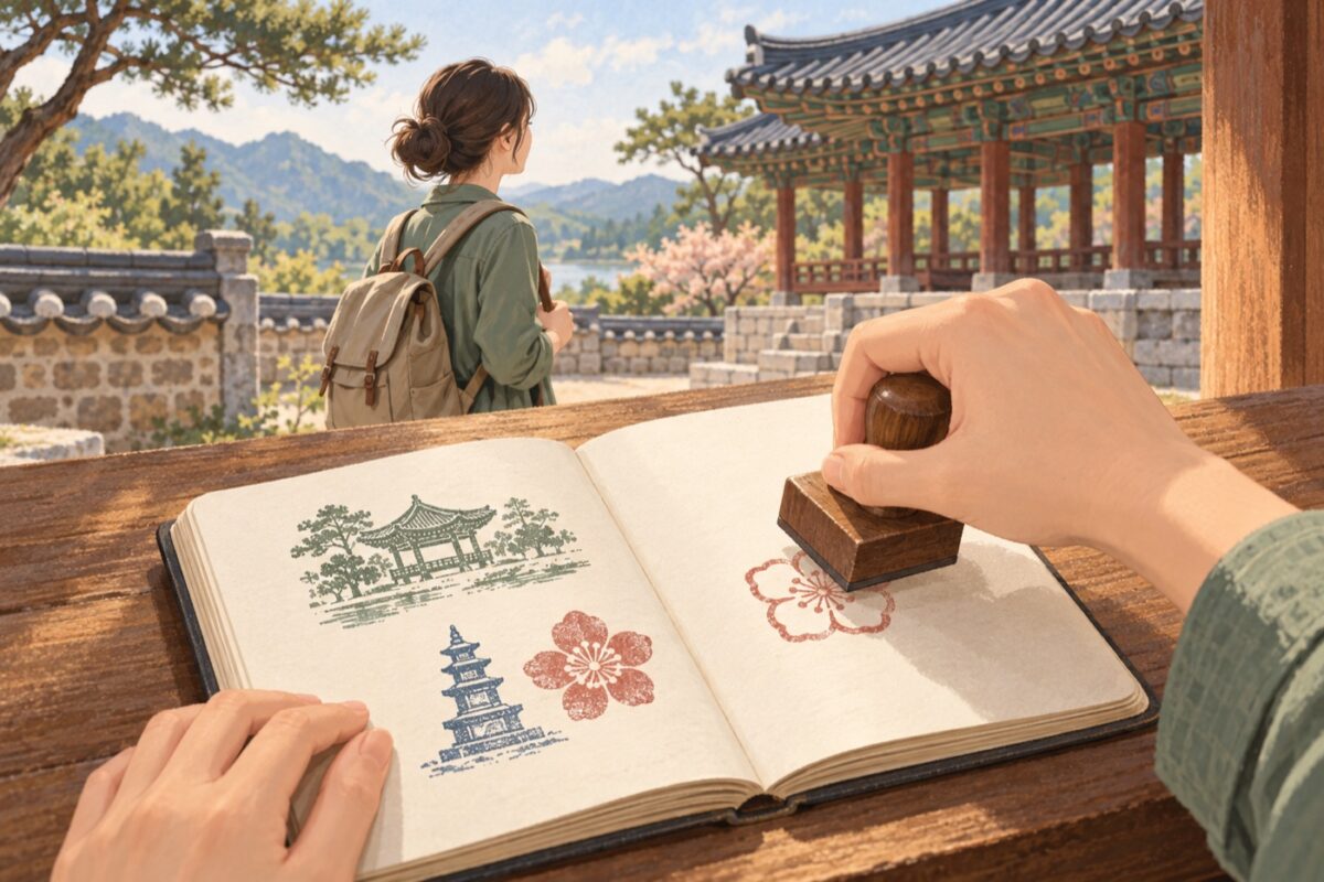 전통 건축 앞에서 펼친 기념 수첩에 꽃 그림 도장을 찍는 손과 여행자의 일러스트