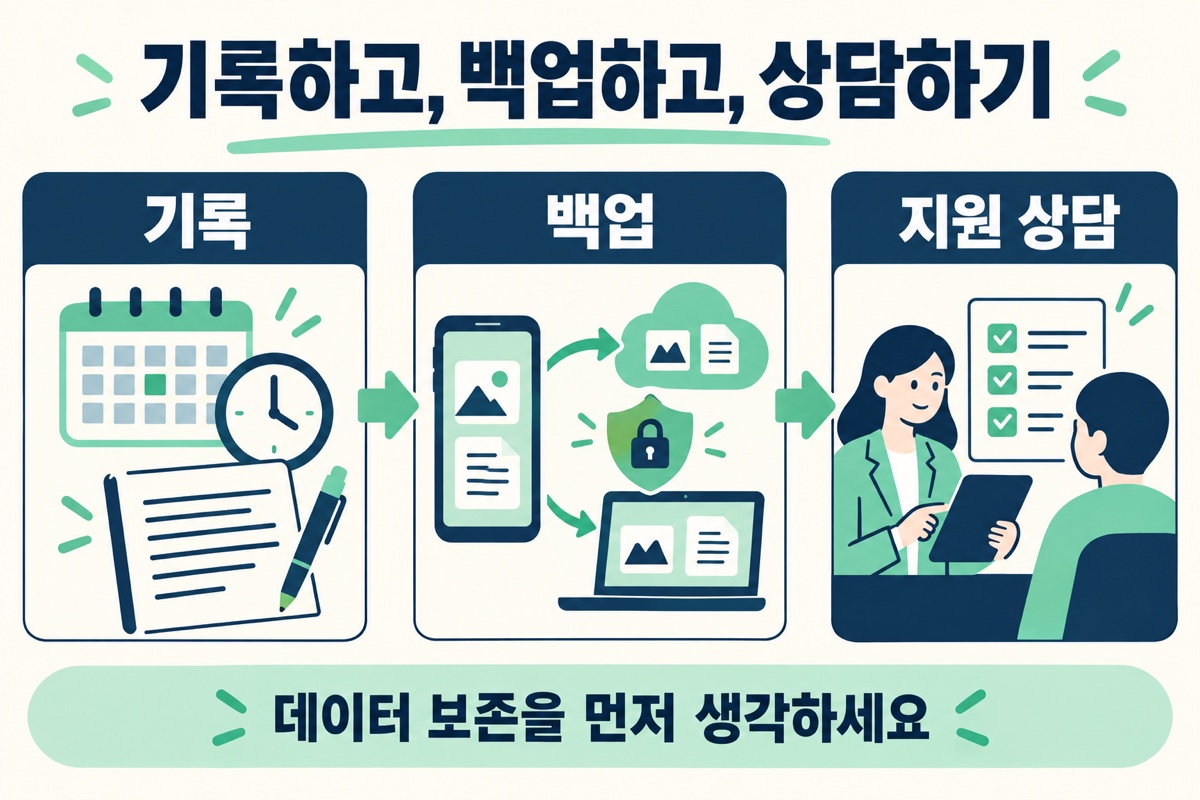 발생 상황 기록, 데이터 백업, 지원 상담 순서 설명도