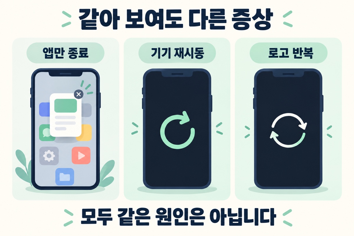 앱만 종료, 기기 재시동, 로고 반복 증상을 구별하는 설명도