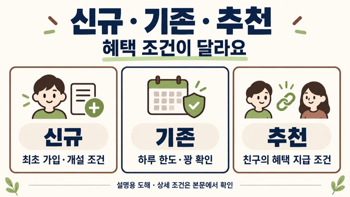 신규·기존·추천 혜택의 서로 다른 조건을 나눈 설명 도해