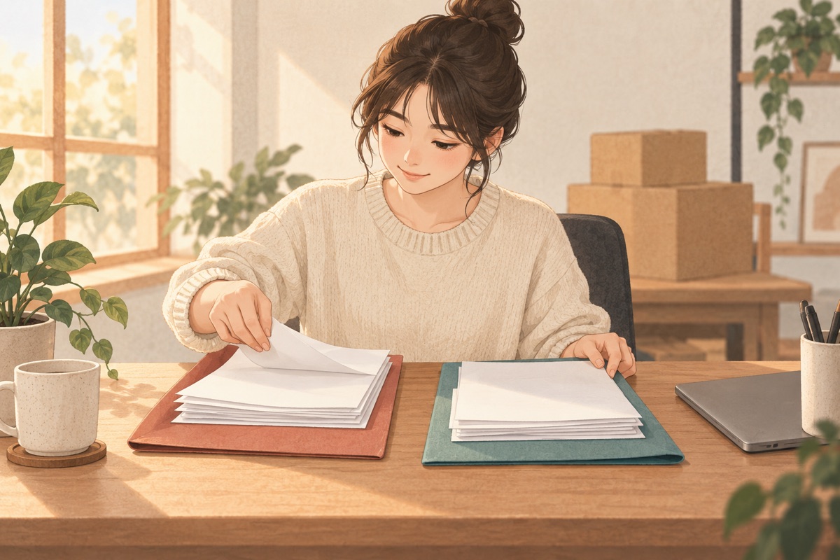 통신판매업 신고 준비를 위해 창업자가 두 행정 서류 묶음을 별도로 정리하는 일러스트