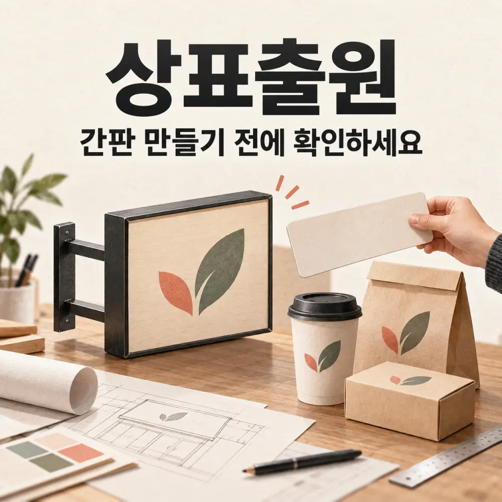 같은 잎 모양이 들어간 간판과 포장재 옆에서 교체용 표찰을 들고 있는 손, 상표출원 필요성 설명
