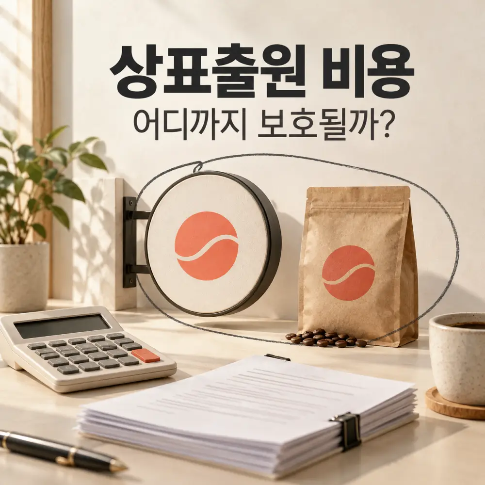 같은 표식이 들어간 간판과 원두 포장 옆에 계산기와 서류가 놓인 모습, 상표출원 비용